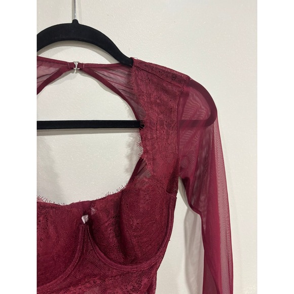 Victoria's Secret 32C Burgundy Lace Bodysuit Sheer Mesh Lingerie Dark Feminine - Picture 2 of 8